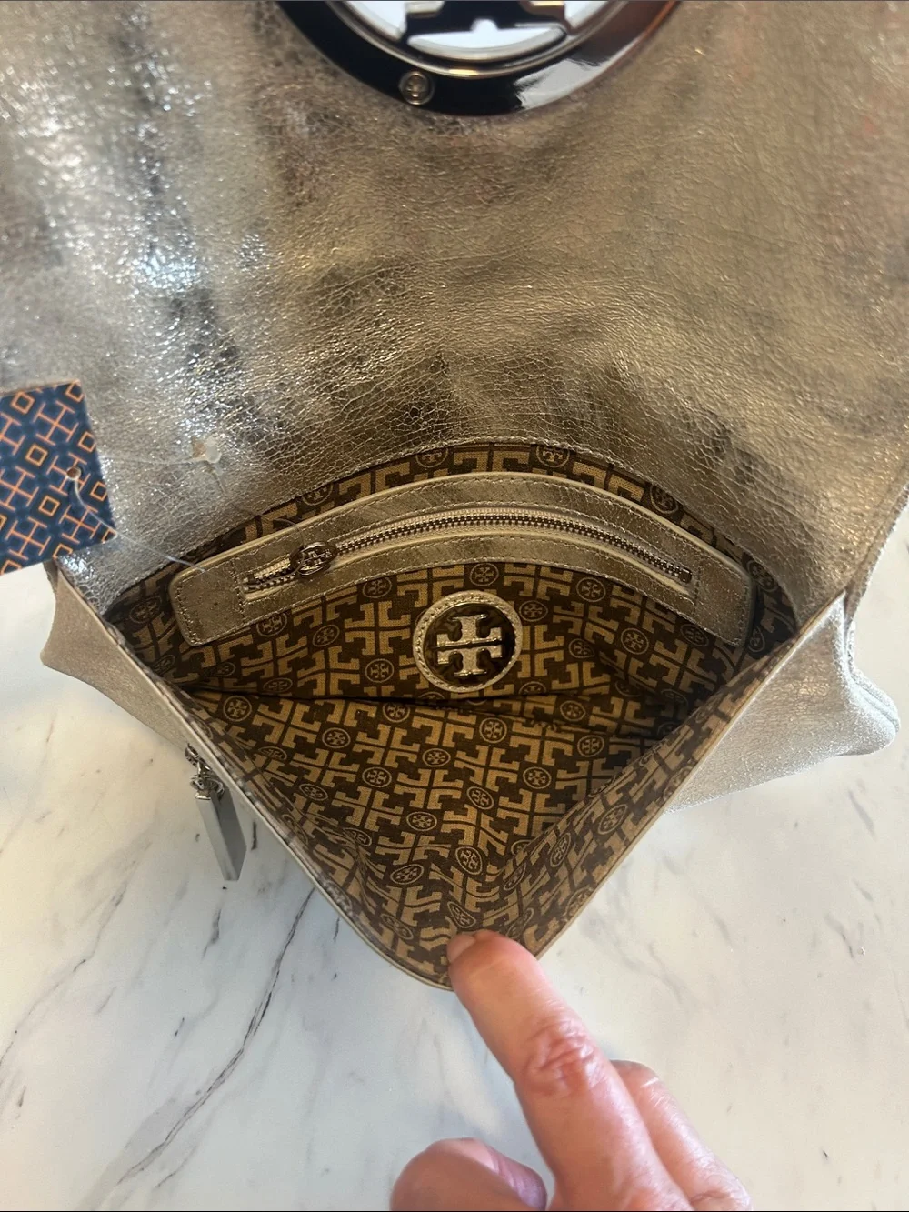 Tory Burch Metallic Silver Logo Wristlet Clutch